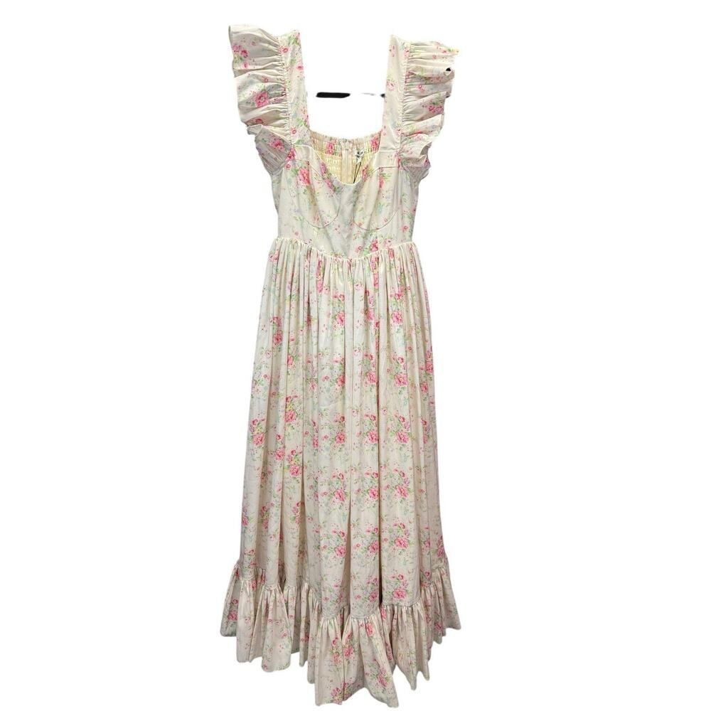 Anthropologie Cream Maxi Dress with Pink Floral Ruffle Sleeves - Picture 6 of 11